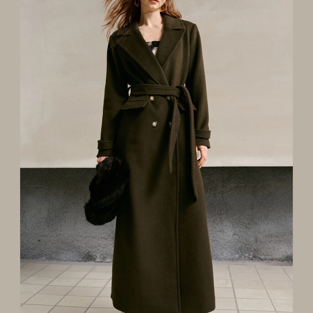 Olive Green Brushed Wool-Blend Double Breasted Belted Long Trench Coat